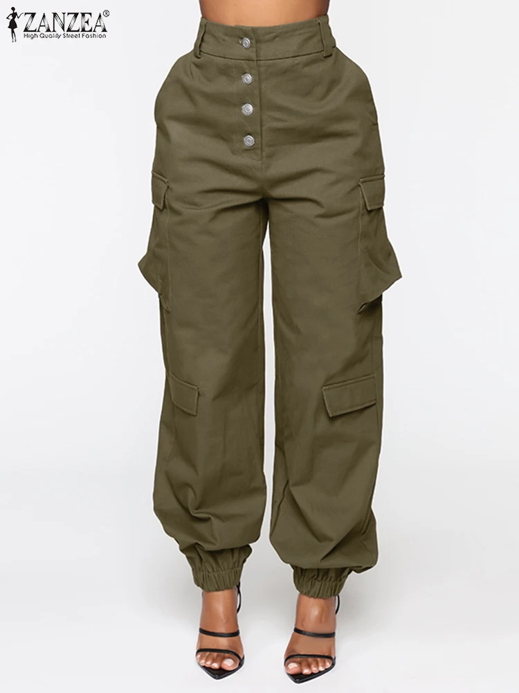 

Vintage OL Ladies Pants Women Spring Trouser 2022 ZANZEA Casual High Waist Solid Cargo Palazzo Loose Button Long Pantalon Turnip