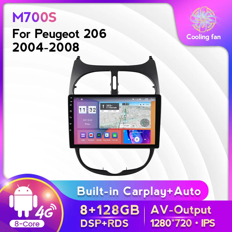 

Android11 8 + 128G Carplay Авто Аудио Радио Стерео головное устройство автомобильный DVD-плеер для Peugeot 206 2004-2008 IPS DSP Wifi GPS навигация
