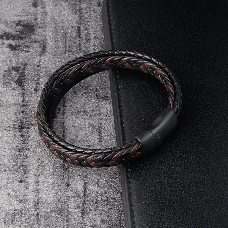 Винтажный коричневый тканый элегантный мужской браслет из нержавеющей стали