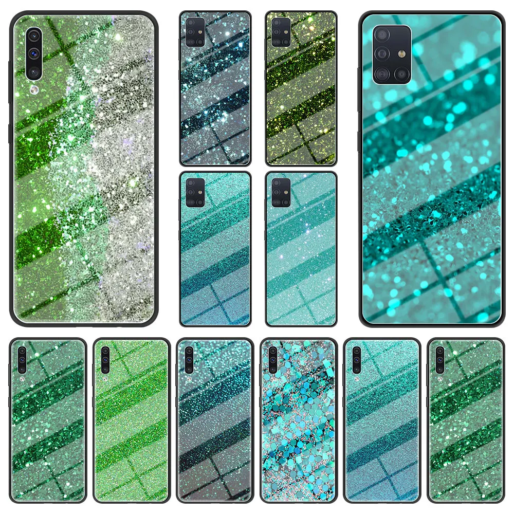 

Cute green mint glitter Tempered Glass for Samsung Galaxy A50 A70 A50s A60 A80 A90 5G A40 A30s A20s A20e A10 Phone Case Cover