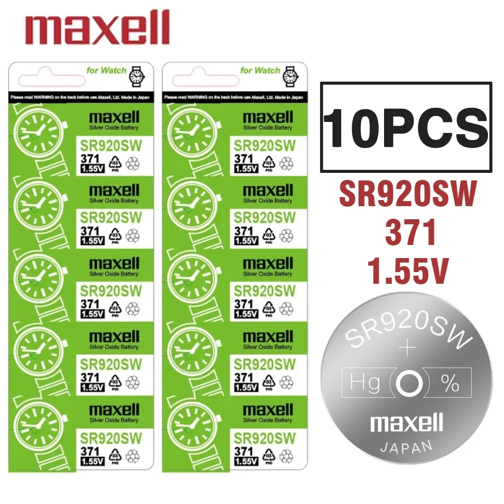 10 шт. оригинальные батарейки Maxell 371 SR920SW AG6 370 LR921H LR69 371A LR920 SR920 с серебряными