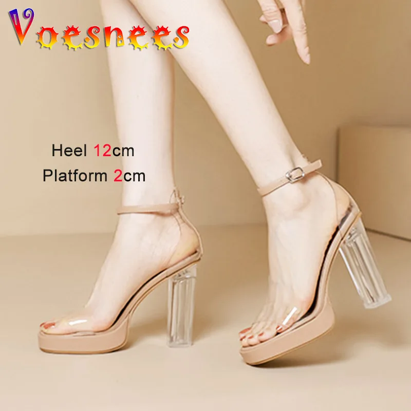 PVC Transparent Band Sexy High Heels 2023 New Waterproof Platform Summer Women Shoes 12CM Crystal Chunk Heeled Fashion Sandals