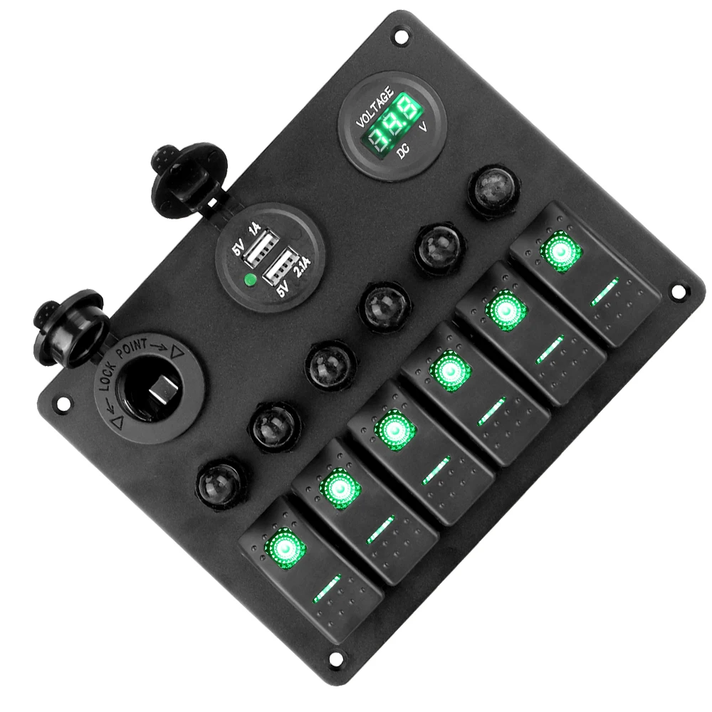 

Car Marine Circuit LED Breaker Aluminum Panel DC 12V/24V Digital Voltmeter 6 Gang Rocker Switch Panel Dual USB Ports