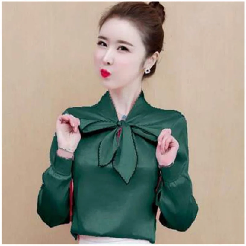 Атласная рубашка женская с длинными рукавами весна/лето 2023 шелковая бантом