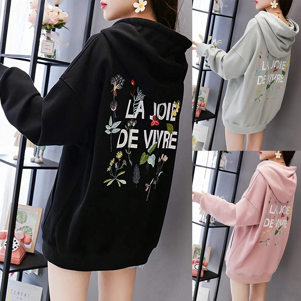 

Women Back Print Pocket Long Sleeve Hoodies Sweatshirt Pullover Shirt Top Blouse L Hoodie