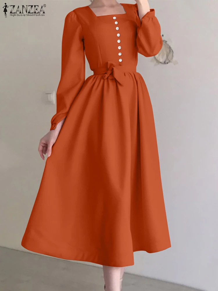 

ZANZEA Elegant Party Midi Vestido Pink Chic Long Sleeve Square Collar Long Robes Women 2023 Spring Fashion Tie Waisted Dresses