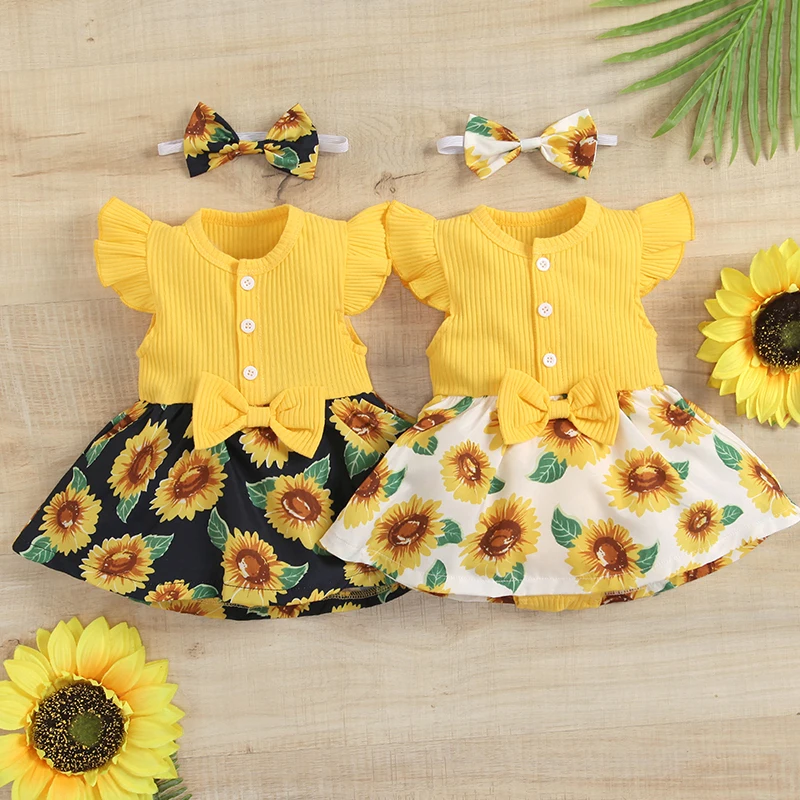

Baby's Clothes Girl Romper Suit Ribbed Flying Sleeves Button Design Round Neck Bow Sunflower Print Skirt Romper Headband