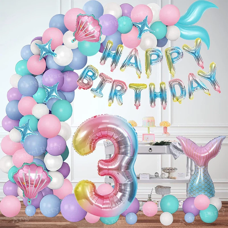 

130pcs Rainbow 1st 5th Happy Birthday Girl Little Mermaid Latex Balloon Garland Arch Set Decoration Anniversaire Ballon Arche