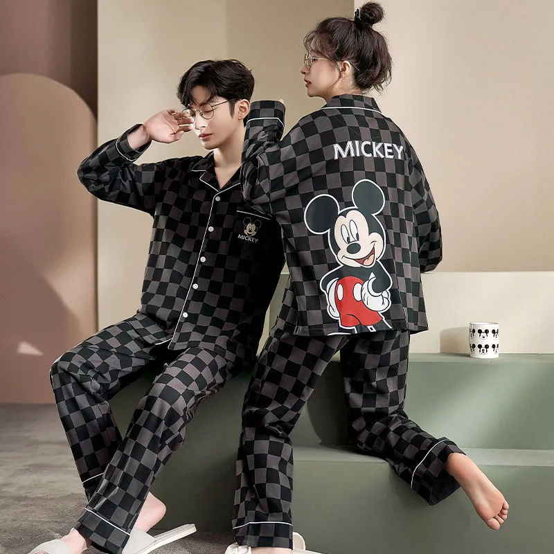 Disney Autumn Winter Cotton Pajamas Set for Women Men Couples Nightwear Loose Long Sleeve Sleepwear Set Home Clothes Outfits