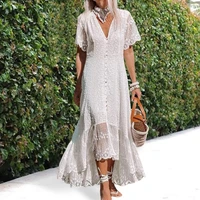 40hotv neck short sleeve large hem long dress floral print embroidery lace women dress streetwear