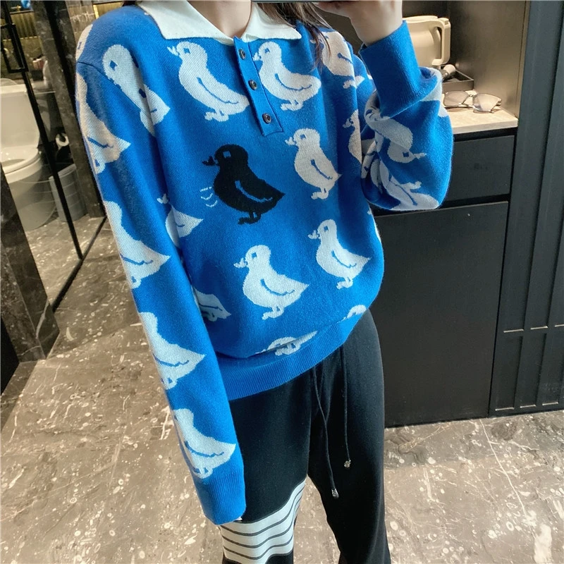 TB Spring and Autumn Cute Age-reducing Blue Duck Pattern Lapel Sweater Casual All-match Polo Collar Sweater