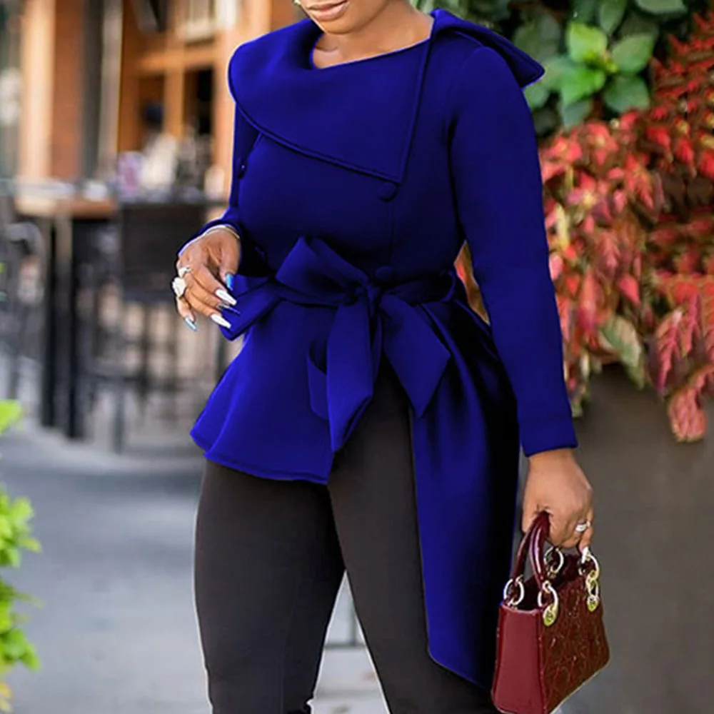 Topos para as Mulheres Outfits com Cinto Inverno Azul Moda Africano Escritório Senhora Roupas Outono Elegante Manga Longa Blusas Camisa Irregular