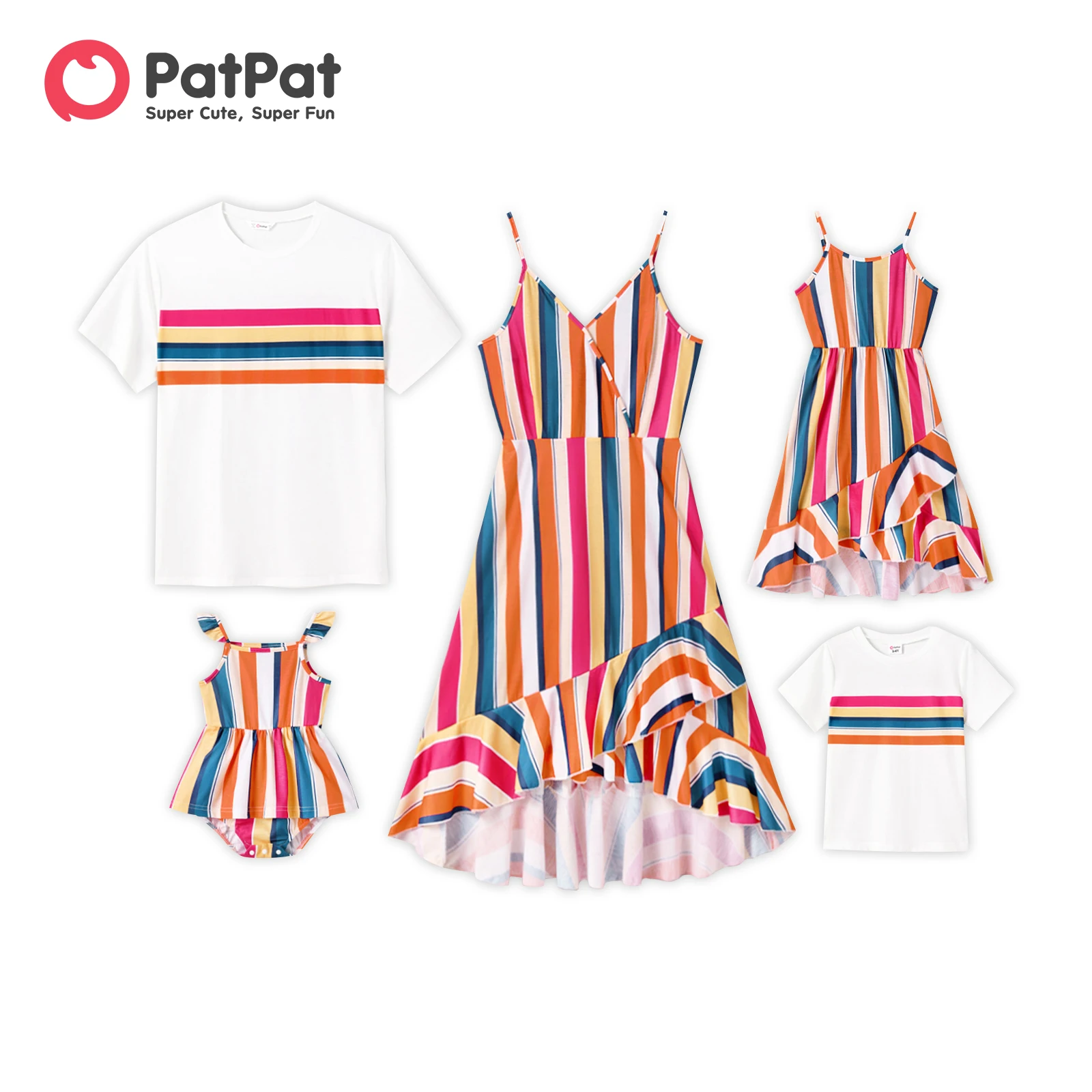 

PatPat Family Matching Colorful Striped Ruffled High Low Hem Cami Dresses and Short-sleeve T-shirts Sets