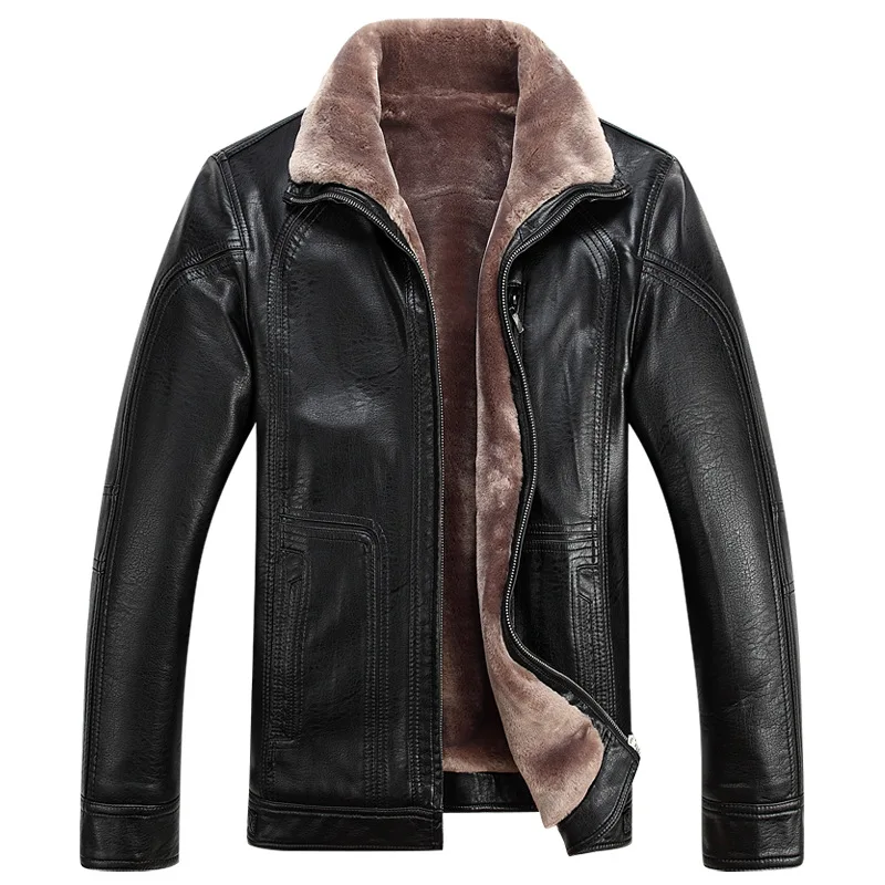 Кожаная куртка для мужчин, зимнее утепленное пальто из искусственной кожи с интегрированным мехом, верхняя одежда из искусственной кожи, кардиган на молнии, мужские топы, мужская верхняя одежда