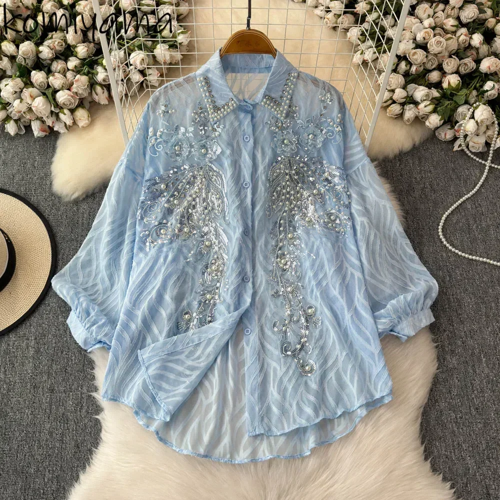 Женские рубашки и блузки с бриллиантовой вышивкой блестками Blusas Mujer 2021 лацканами