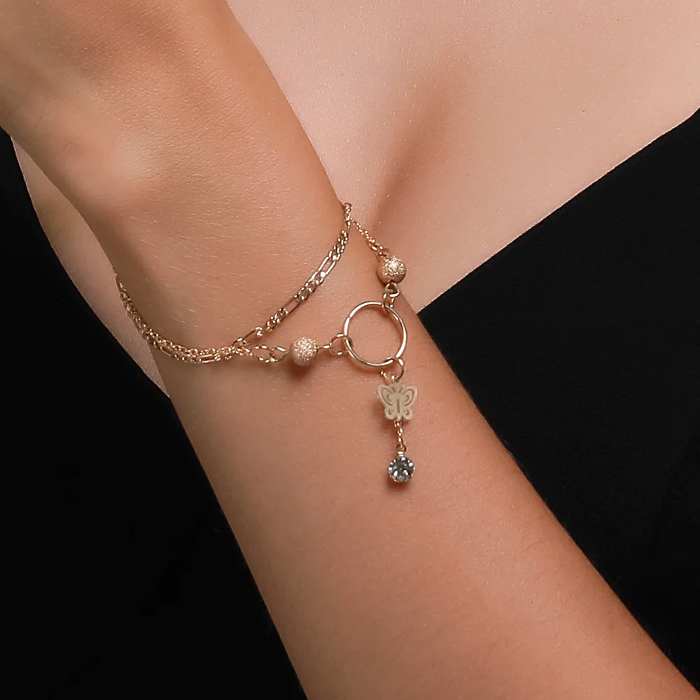 

Fashion Tassel Charms Bracelets Butterfly Pendants Bracelet Female Metal Double Layer Chain Bracelet Bangles Jewelry For Women