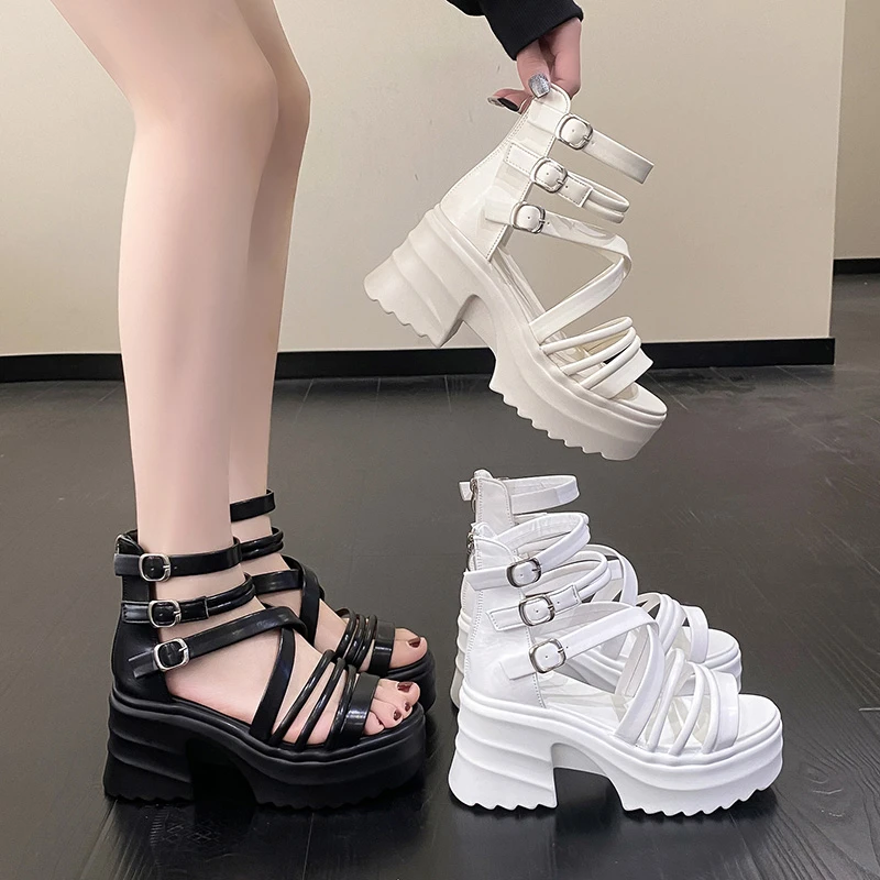Women Gladiator Sandals New 2023 Summer Wedge Ladies Beach Slippers High Platform Chunky Hollow Buckle Shoes Sandalias Mujer 9CM