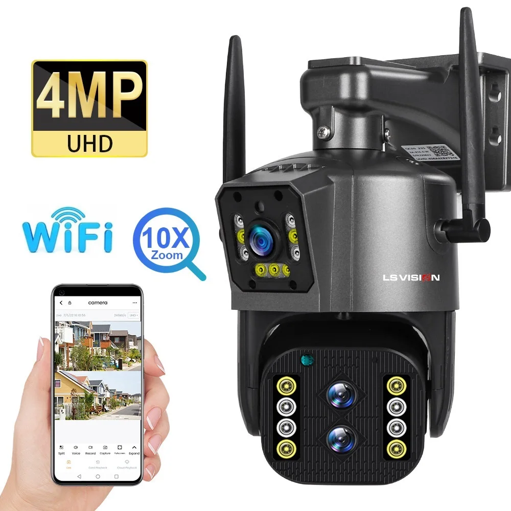 

Go 4MP 2K IP Camera Outdoor WiFi PTZ Three Lens Dual Screen 10X Optical Zoom Auto Tracking Waterproof Security CCTV Cam