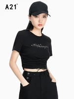 a21 womens casual slim t shirt short 2022 summer new fashion round neck simple chic letter embroidery lace up pleated short top