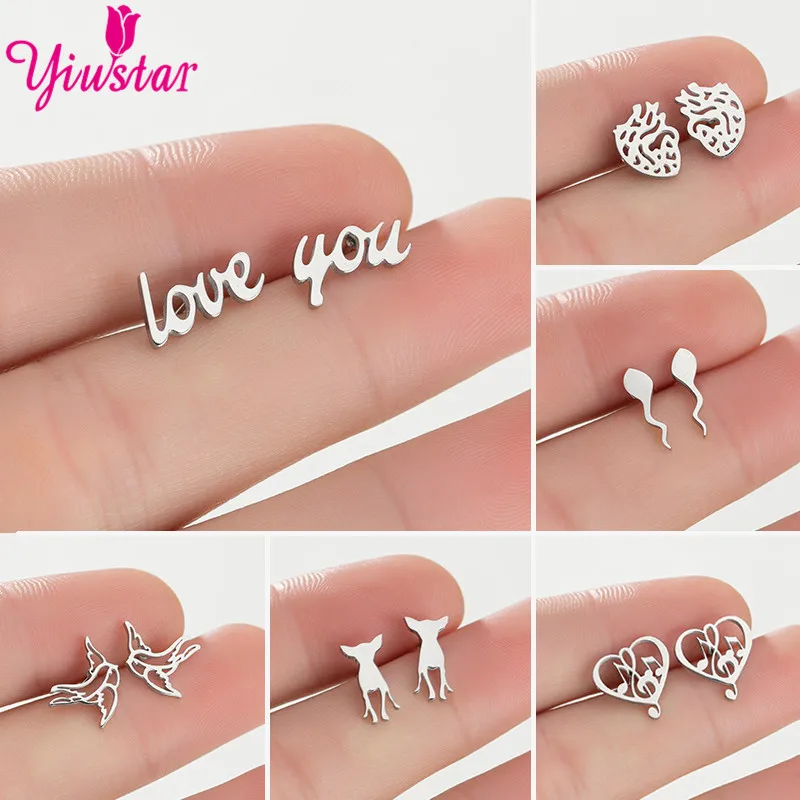 

Stainless Steel LOVE YOU Asymmetric Earrings Small Animal Tadpole Swallow Bulldog Stud Earrings for Women Child Ear Jewelry Gift