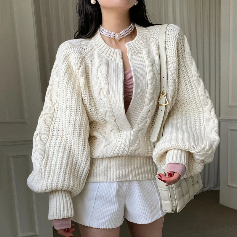 

WDMSNA Lantern Sleeve Knitted Sweater Women Korean Chic Autumn Winter Twist Pattern Pullover Loose Solid Color Warm Sueter Mujer