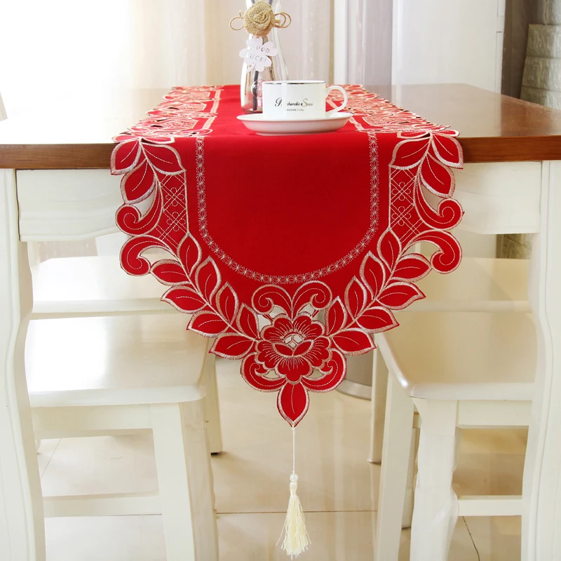 

Free Shipping Newest Design Big Red Wedding Festival TV Cabinet Table Cloth Cover Embroidered lace dust proof table runner