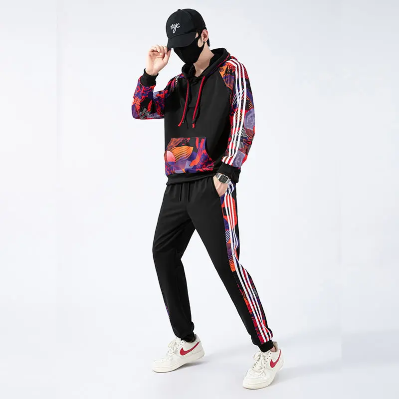 

Мужская одежда на весну и осень, Молодежный пуловер с капюшоном и длинными рукавами, топ, повседневные брюки, костюм с фиолетовыми вставками...