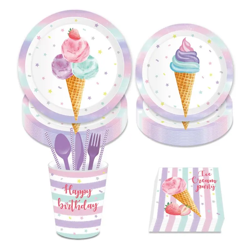 

CC Ice Cream Theme Birthday Party Tableware Set Serves 24 - Disposable Paper Plates, Napkins, Cups, Forks, Ice Cream Theme Part