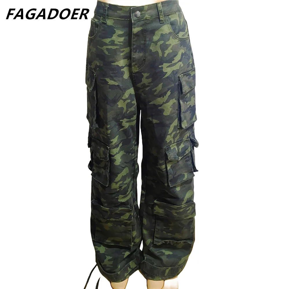Брюки-карго женские камуфляжные с завышенной талией и пуговицами