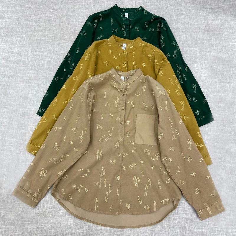 

Женские вельветовые рубашки с принтом Johnature, повседневные универсальные свободные блузки в стиле пэчворк, с воротником-стойкой, в стиле мор...