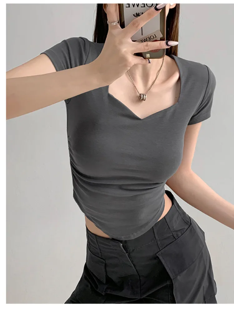 

WOMENGAGA 2023 Summer Girl Style Solid Color Square Neck Shoulder Short Sleeve Top Women's Summer Short Curved Slim ZY82