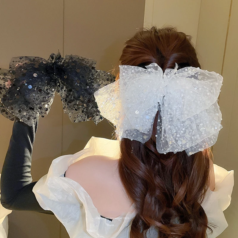 

Oversized Black White Sequined Bow Hair Clip Girls 2023 New High-end Spring Clip Back of The Head Clip Hair Accessories Hairpin