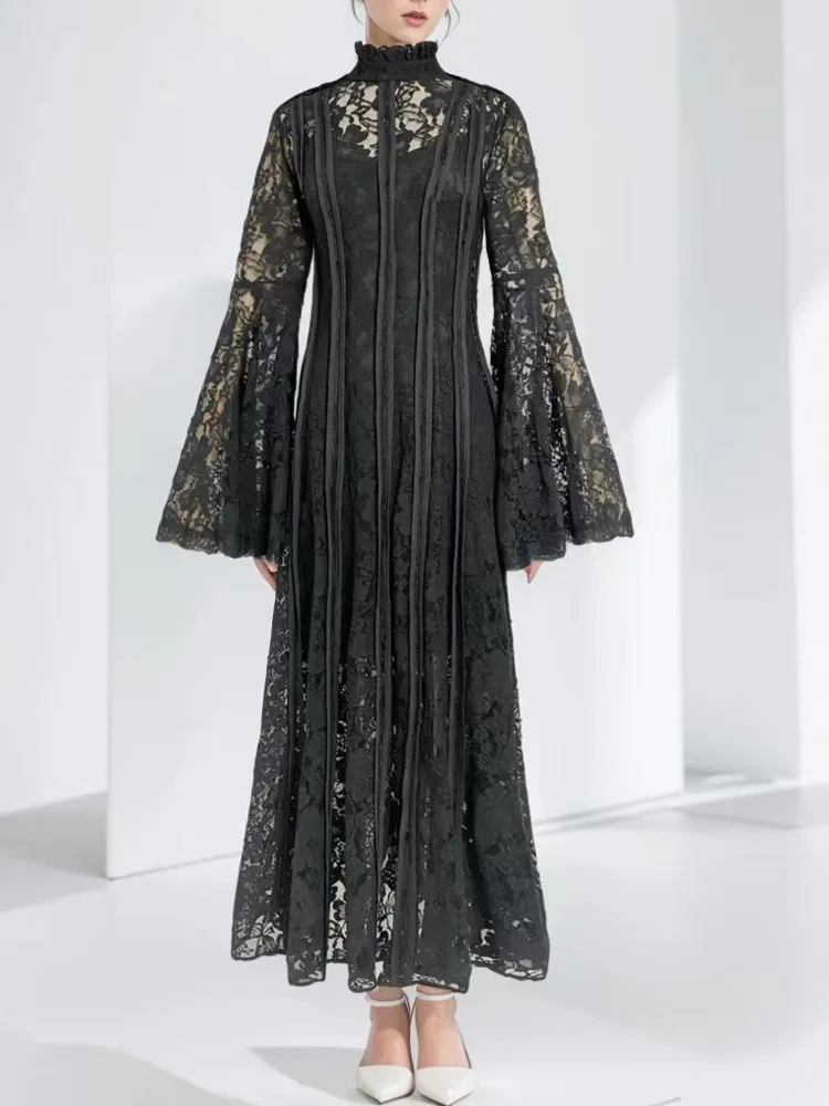 QMQA модные женские вечерние платья с воротником-стойкой и высокой талией длинными