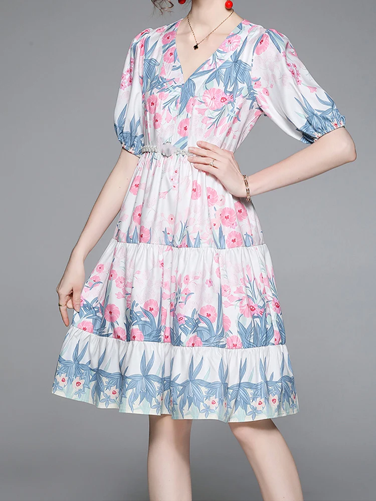 

Elegant V-Neck Printed Dress Bubble Sleeve Slim A-Line Skirt 2023 New Korean Fashion Women'S Clothing