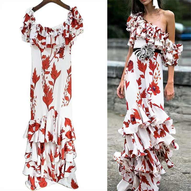HIGH STREET Newest Summer 2022 Designer Fashion Women's Cascading Ruffles Floral Print Slash Neck Beach Long Dress