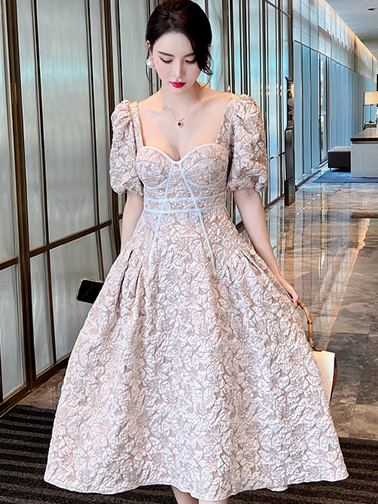 

Летнее женское платье миди, милое жаккардовое платье принцессы в дворцовом стиле, с цветочным принтом и низким вырезом, с пузырьковым банто...