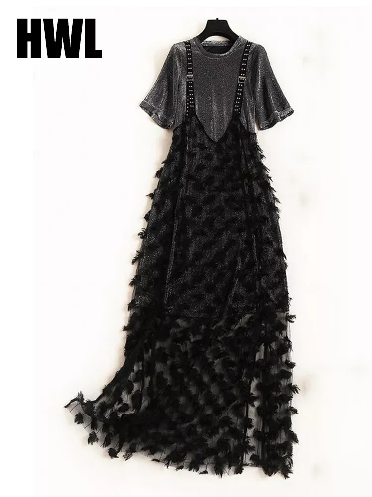 

Новинка, летние новые платья из двух частей, Женская свободная длинная футболка и платье на бретелях-спагетти с разрезом, кружевные шифонов...