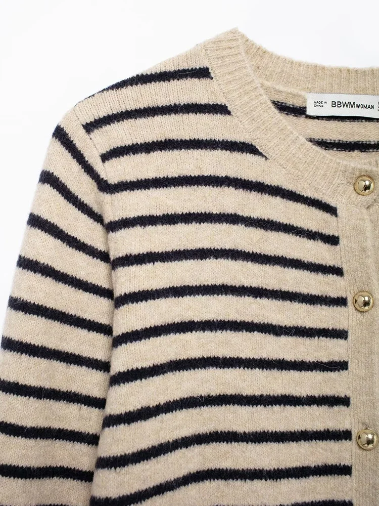 Новинка 2024 женский полосатый трикотаж на осень/зиму винтажный кардиган с длинным