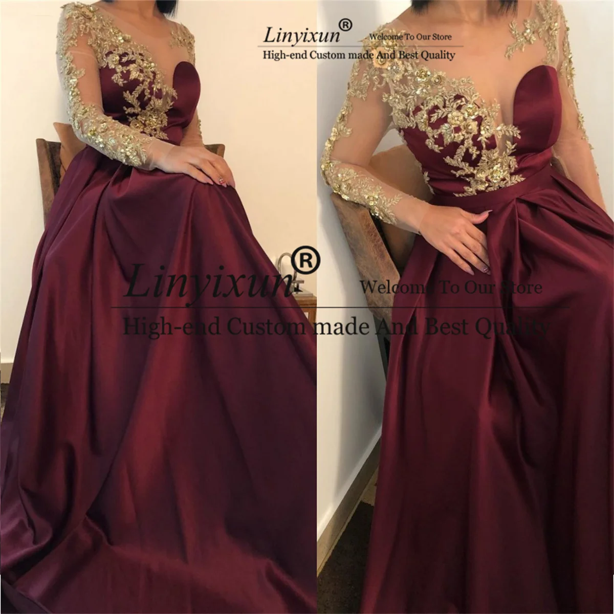 

Elegant Burgundy A-Line Prom Dresses Illusion Long Sleeve Formal Evening Party Gowns Gold Flowers Lace Satin Robe De Soiree