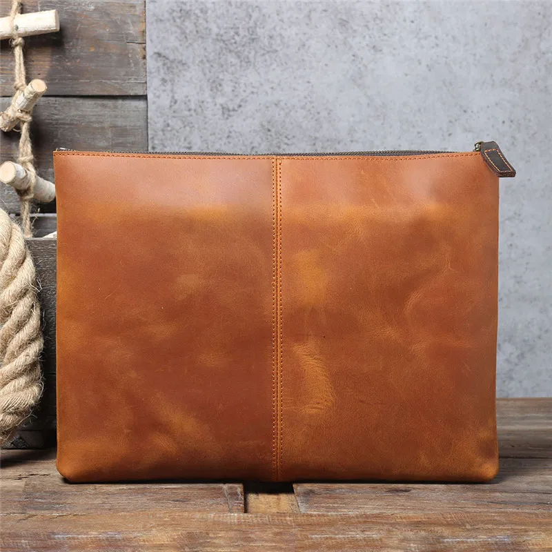 Vintage genuine leather men's large-capacity A4 file clutch bag simple natural real cowhide work tablet computer storage bag