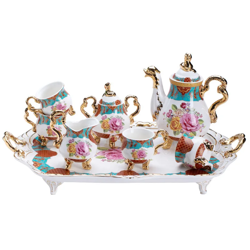 European style coffee utensils with blooming flowers wealth and prosperity large plates sugar pot milk golden dragon an