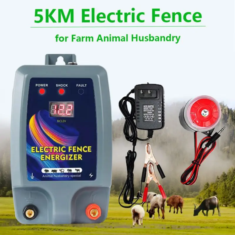 5KM Electric Shepherd Energizer Livestock LCD Panel Charger High Voltage Pulse Control Electric Fence for Cattle Animals Farm