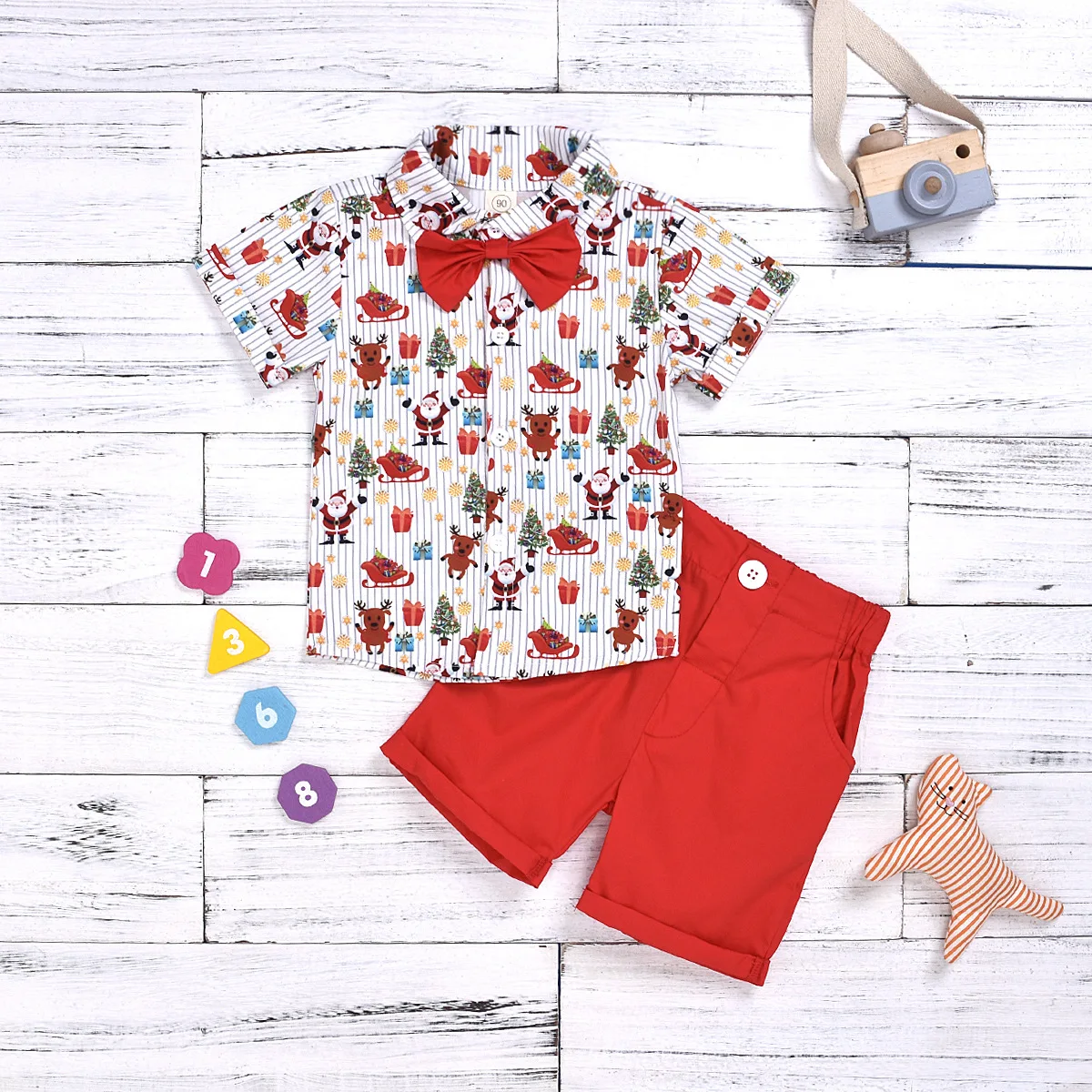

Infant Baby Outfit Set 2022 Boys Christmas New Men's Bow Tie Summer Short Sleeve Shirt Red Shorts Suit Baby Clothes Boy