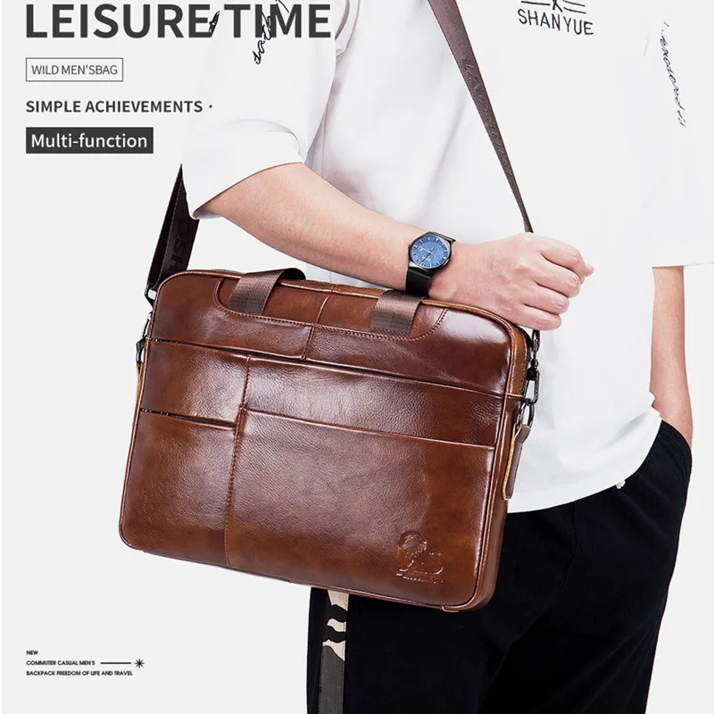 Vintage Genuine Leather Men's Briefcase New Business Handbag Multifunction Laptop Bag Large Capacity Man Shoulder Messenger Bag