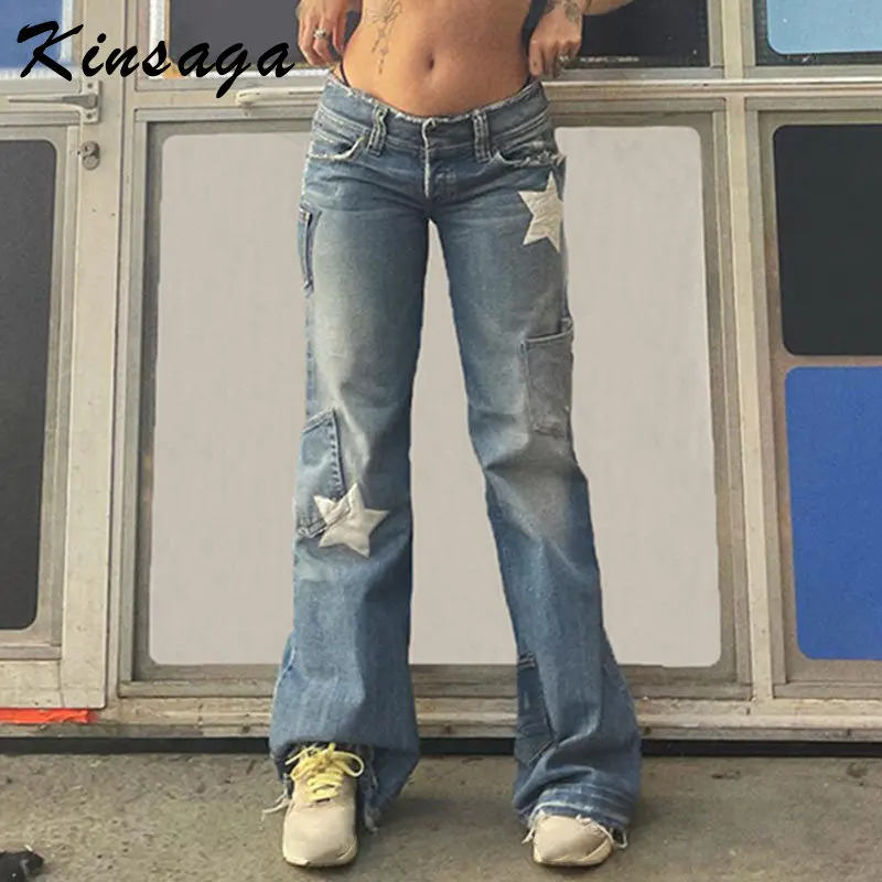 

Винтажные джинсы-клеш с низкой талией, женские брюки со звездным принтом и карманами, мешковатые джинсовые брюки-карго Y2k, корейские рваные ...