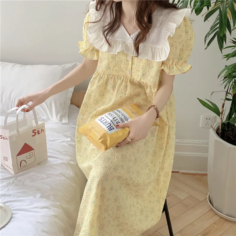 2022 Summer Pajamas for Women Cotton Night Gown Plaid Floral Colorblock V-neck Short-sleeved Home Wear Vestido Woman Sleep Dress