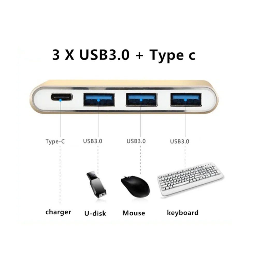 

Высокоскоростной адаптер 4 в 1 с Type C на 3 порта USB 3,0 для камеры, клавиатуры, OTG с портом для зарядки Type-c, подходит для ноутбука Macbook