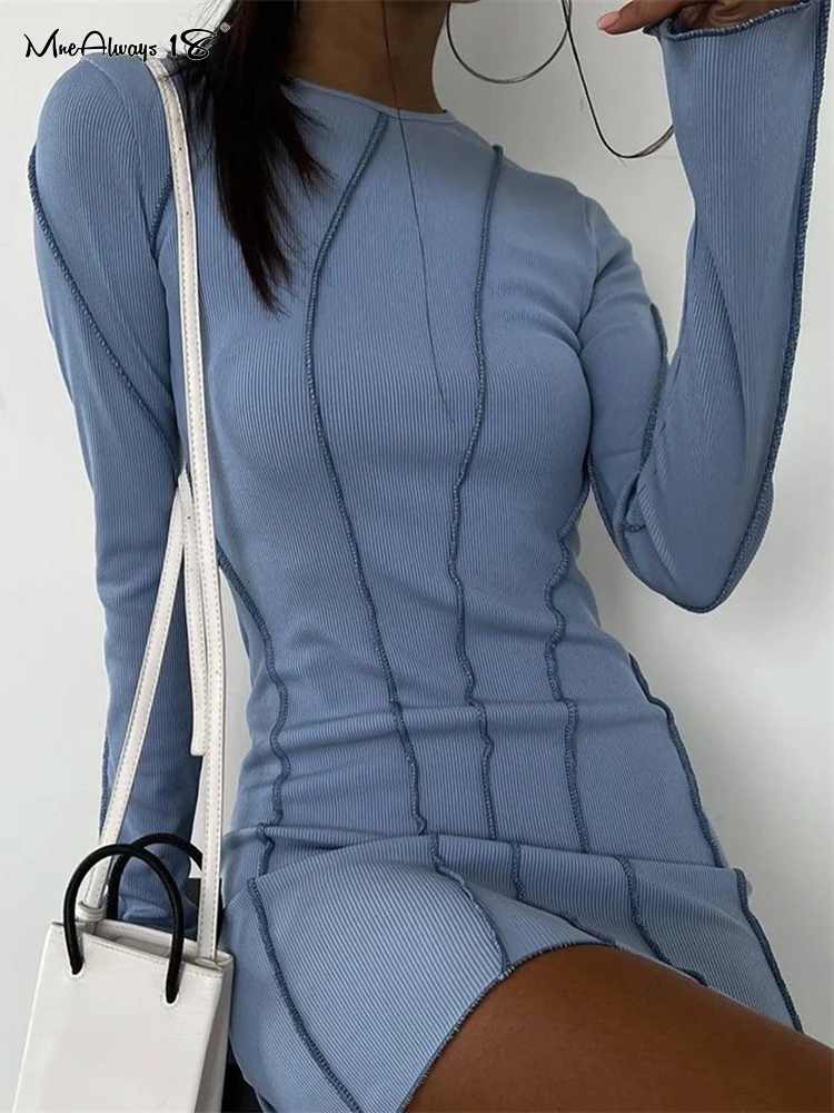 

Mnealways18 Patchwork Bodycon Dress Women Spring O-Neck Frill Pencil Dresses Female Flare Long Sleeve Ribbed Short Dress Spring