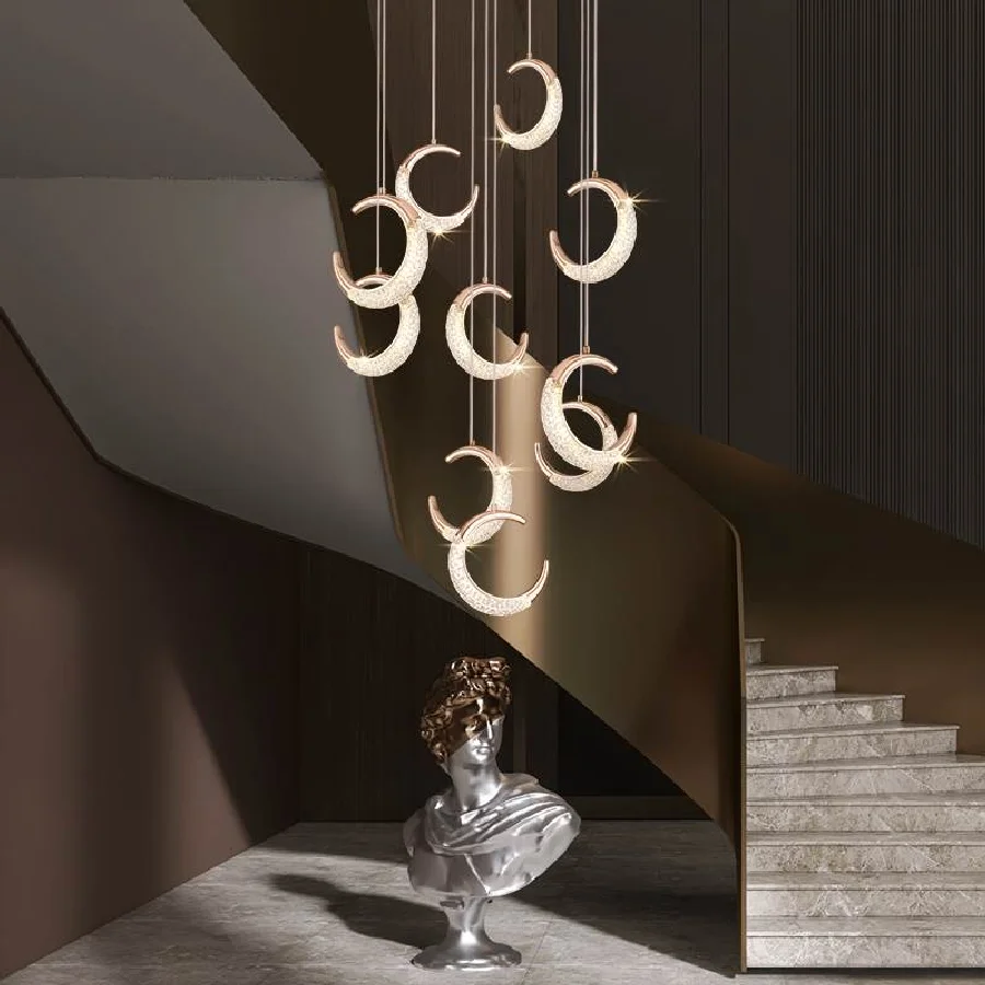 

Хрустальная люстра в форме Луны, современный дизайн, для лестницы, гостиной, комнатное украшение, роскошные длинные светильники золотого цв...