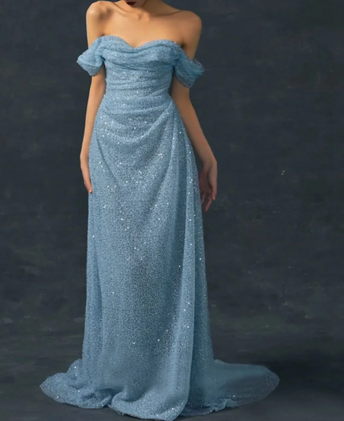 

Shinny Dark Blue A-Line African Prom Evening Dress 2023 Off Shoulder Ruched Sequin Brithday Party Gowns Women Robe De Soiree